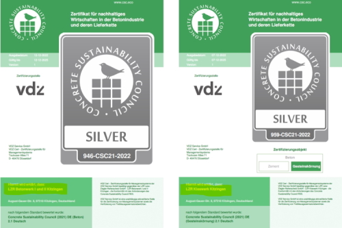 Nachhaltigkeitszertifikate für LZR: 2 x Silber